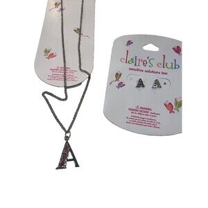 Claire's Club Letter A Pendant Necklace 15in Chain and A Earings Pink Silver